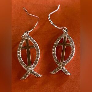 Women’s Earrings Sterling Silver 925 Fish Cross Religious Pisces